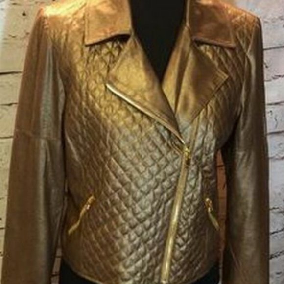 Ellen Tracy Bronze Metallic Moto Jacket Medium - Picture 2 of 2